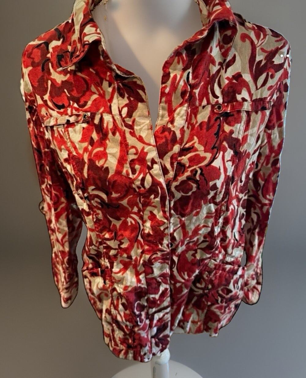 Coldwater Creek Floral Linen Collared Button-Up Blouse Pockets 12 Red Beige
